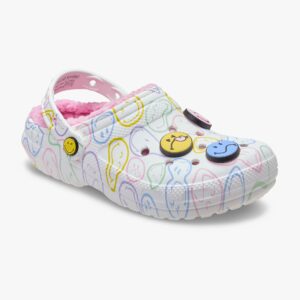 Crocs Smiley Classic Lined Clog - כפכפי קרוקס עם בטנת פרווה לנשים בצבע לבן/ורוד
